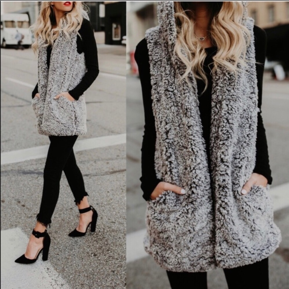 Yummy & Cozy!!  Grey Two-Tone Sherpa Hooded Vest - Picture 7 of 8